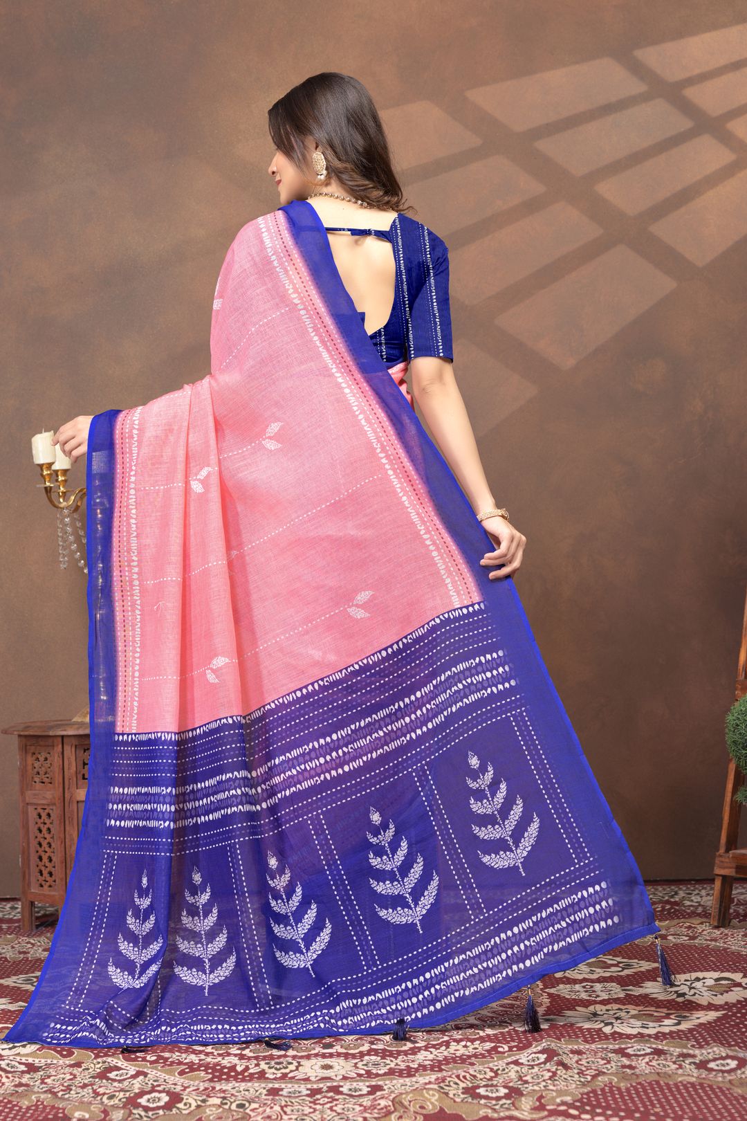 Shop Coral Pink Linen Cotton Saree with Artistic Deer Motif