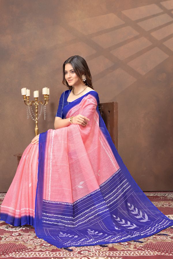 Shop Coral Pink Linen Cotton Saree with Artistic Deer Motif