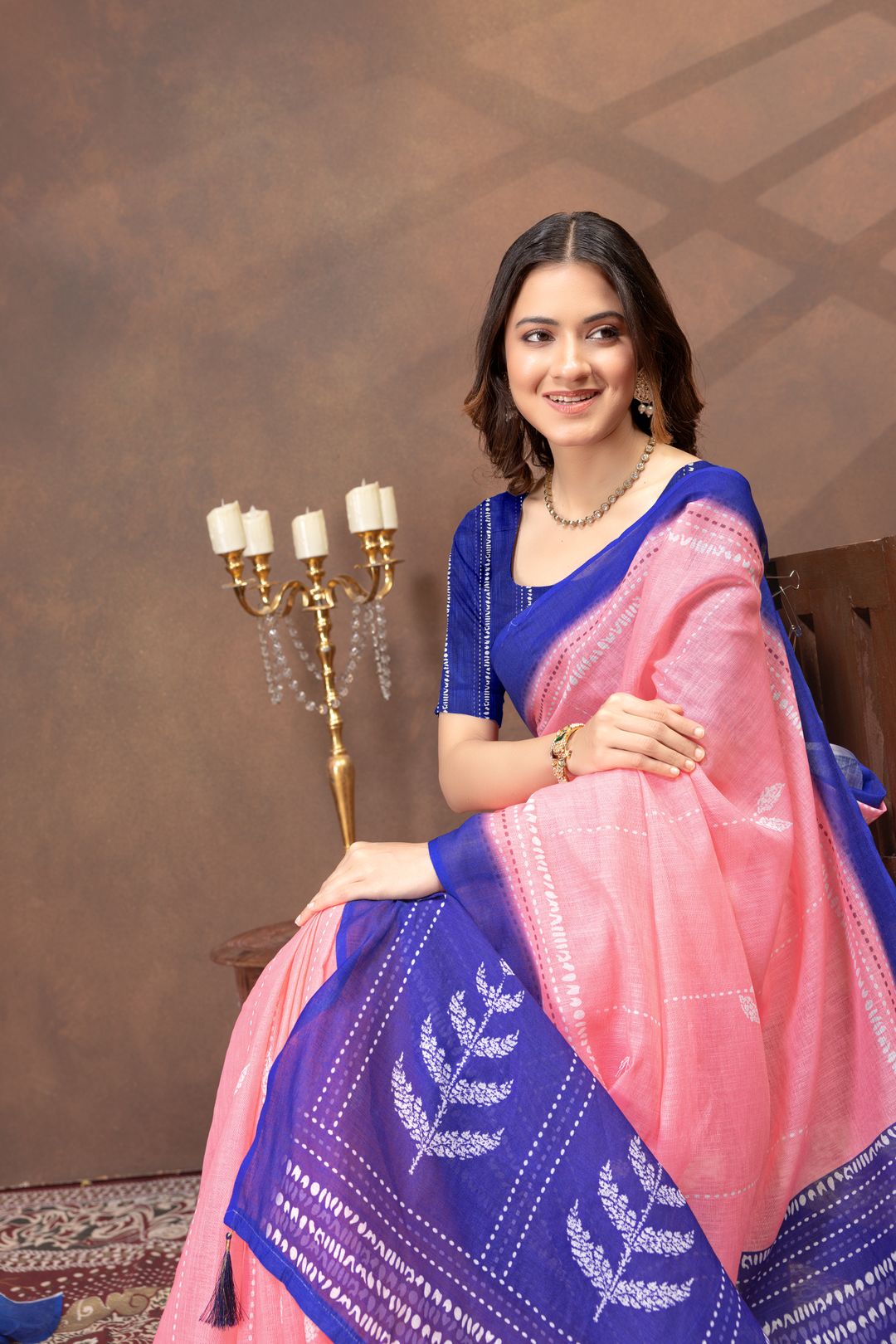Shop Coral Pink Linen Cotton Saree with Artistic Deer Motif