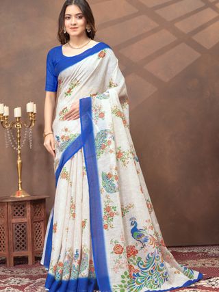 Cream Floral Peacock Print Saree with Royal Blue Border
