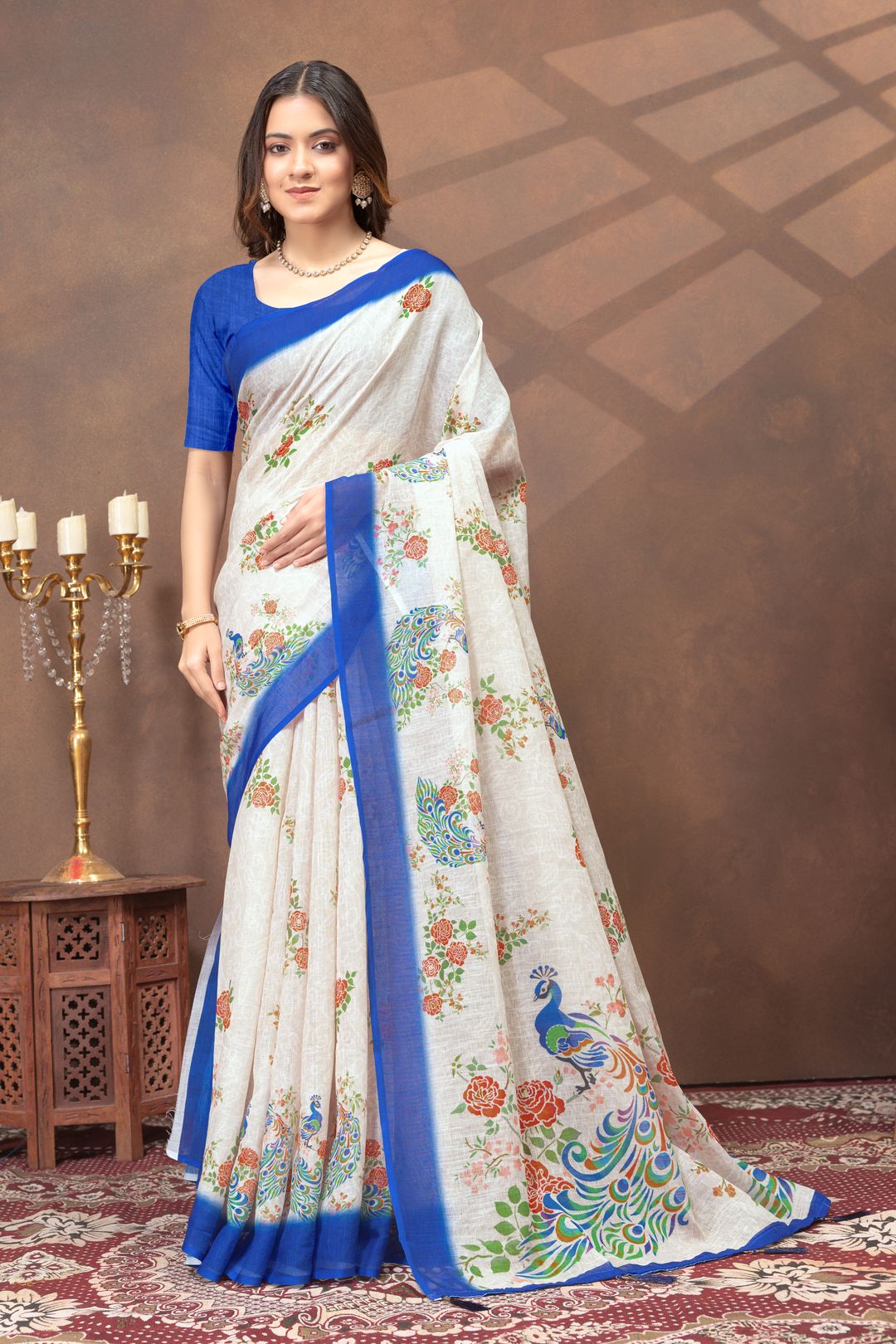 Cream Floral Peacock Print Saree with Royal Blue Border
