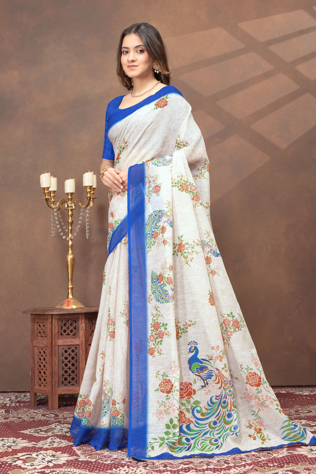 Cream Floral Peacock Print Saree with Royal Blue Border