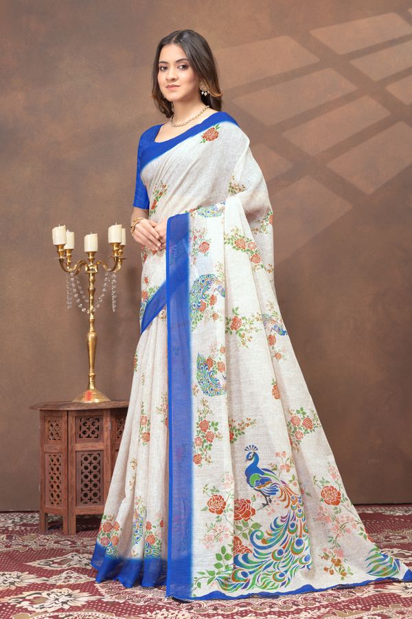 Cream Floral Peacock Print Saree with Royal Blue Border