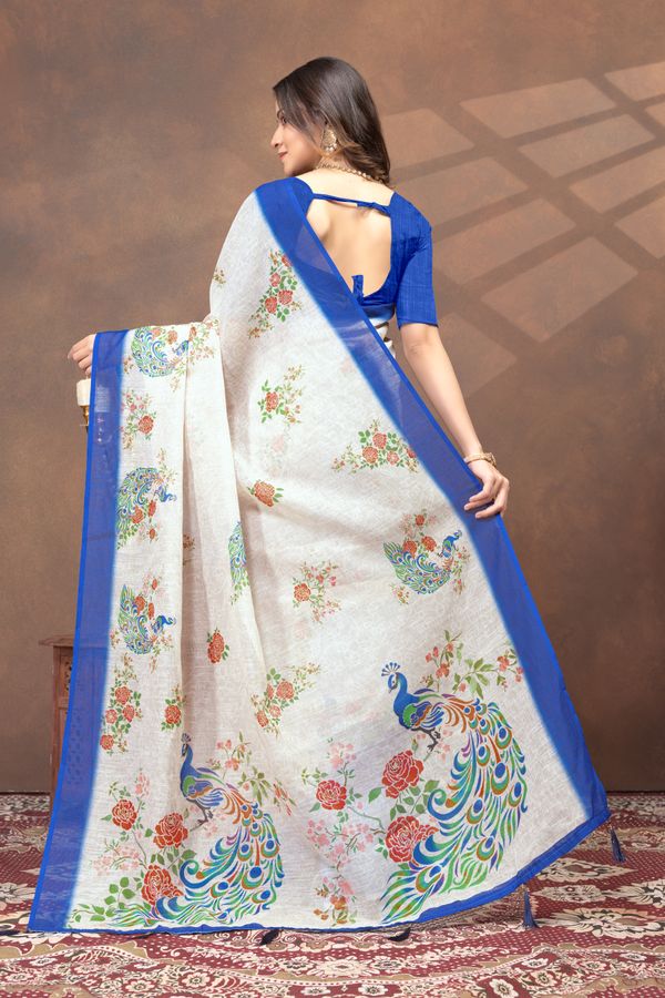 Cream Floral Peacock Print Saree with Royal Blue Border