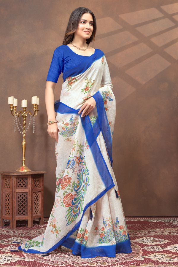 Cream Floral Peacock Print Saree with Royal Blue Border