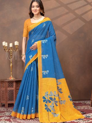 Blue Mustard Floral Linen Cotton Saree Online | Varnavi