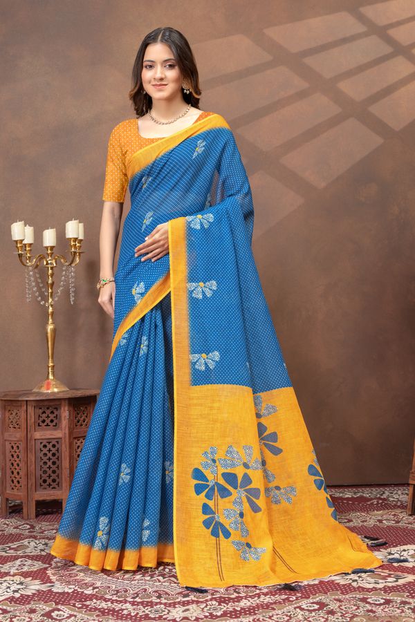 Blue Mustard Floral Linen Cotton Saree Online | Varnavi