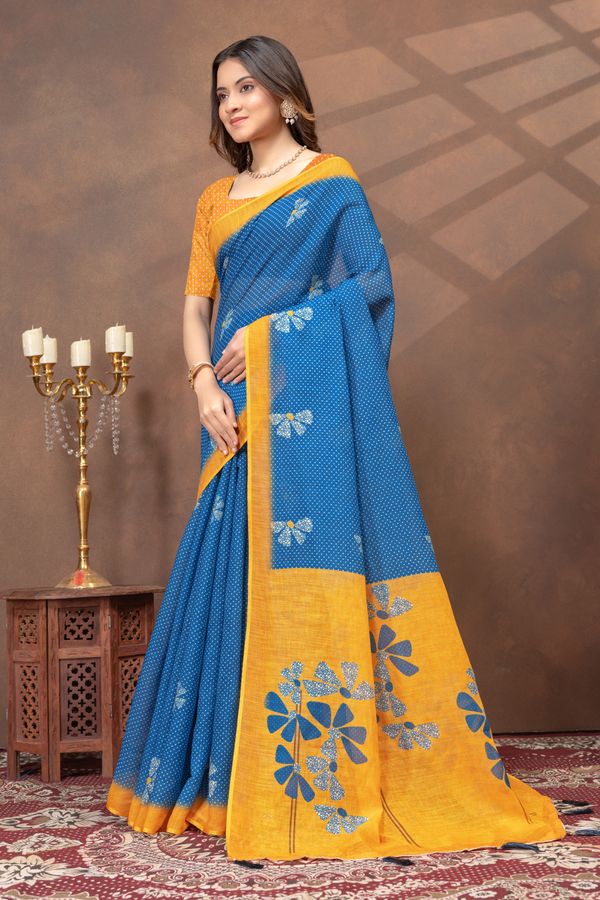 Blue Mustard Floral Linen Cotton Saree Online | Varnavi