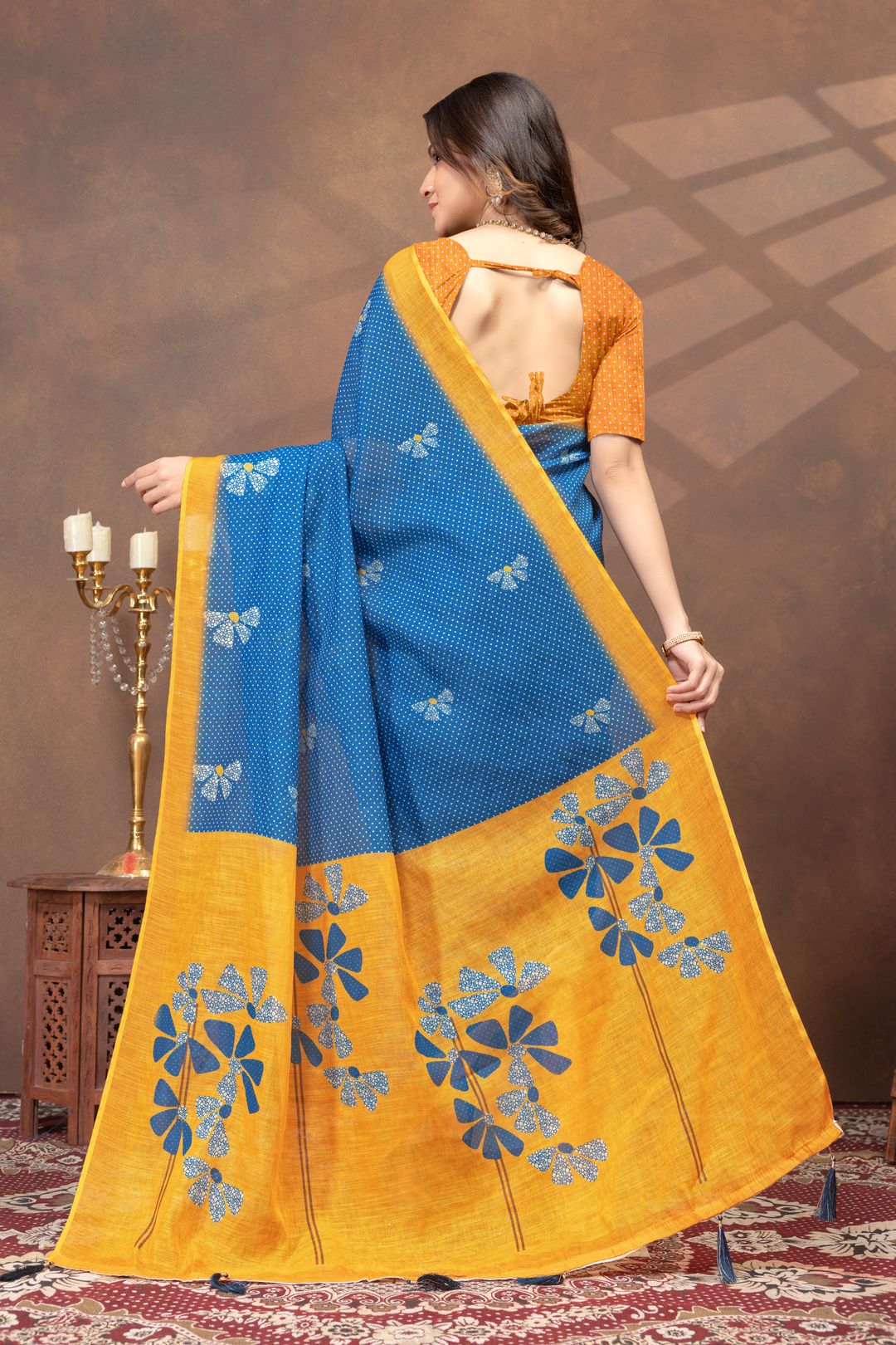 Blue Mustard Floral Linen Cotton Saree Online | Varnavi