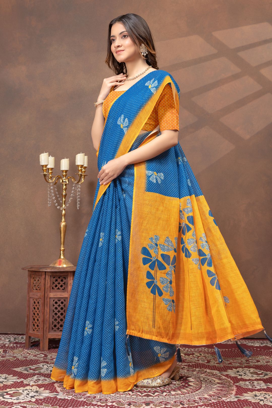 Blue Mustard Floral Linen Cotton Saree Online | Varnavi