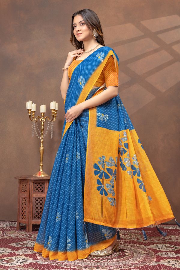 Blue Mustard Floral Linen Cotton Saree Online | Varnavi