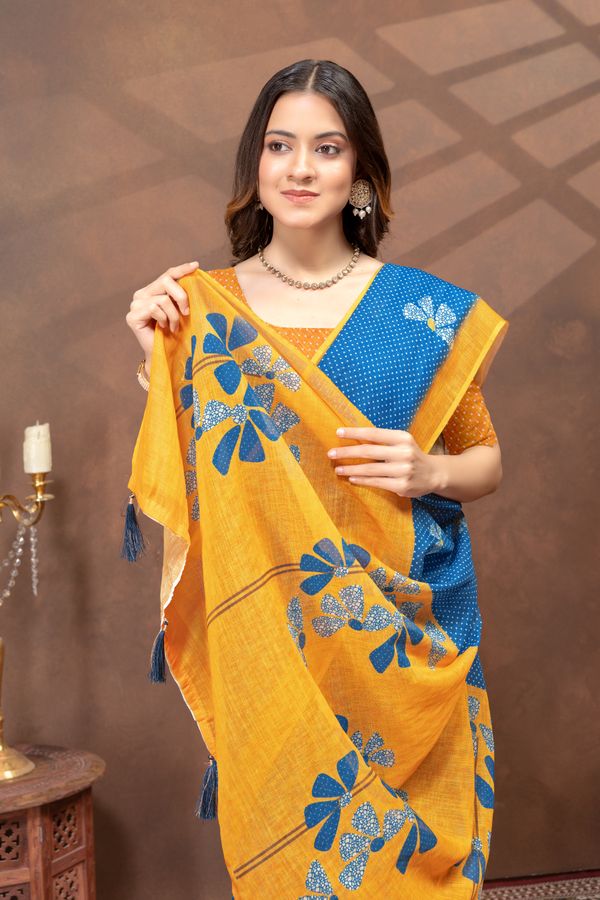 Blue Mustard Floral Linen Cotton Saree Online | Varnavi