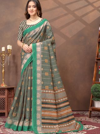 Green Floral Linen Cotton Saree Online | Varnavi Store