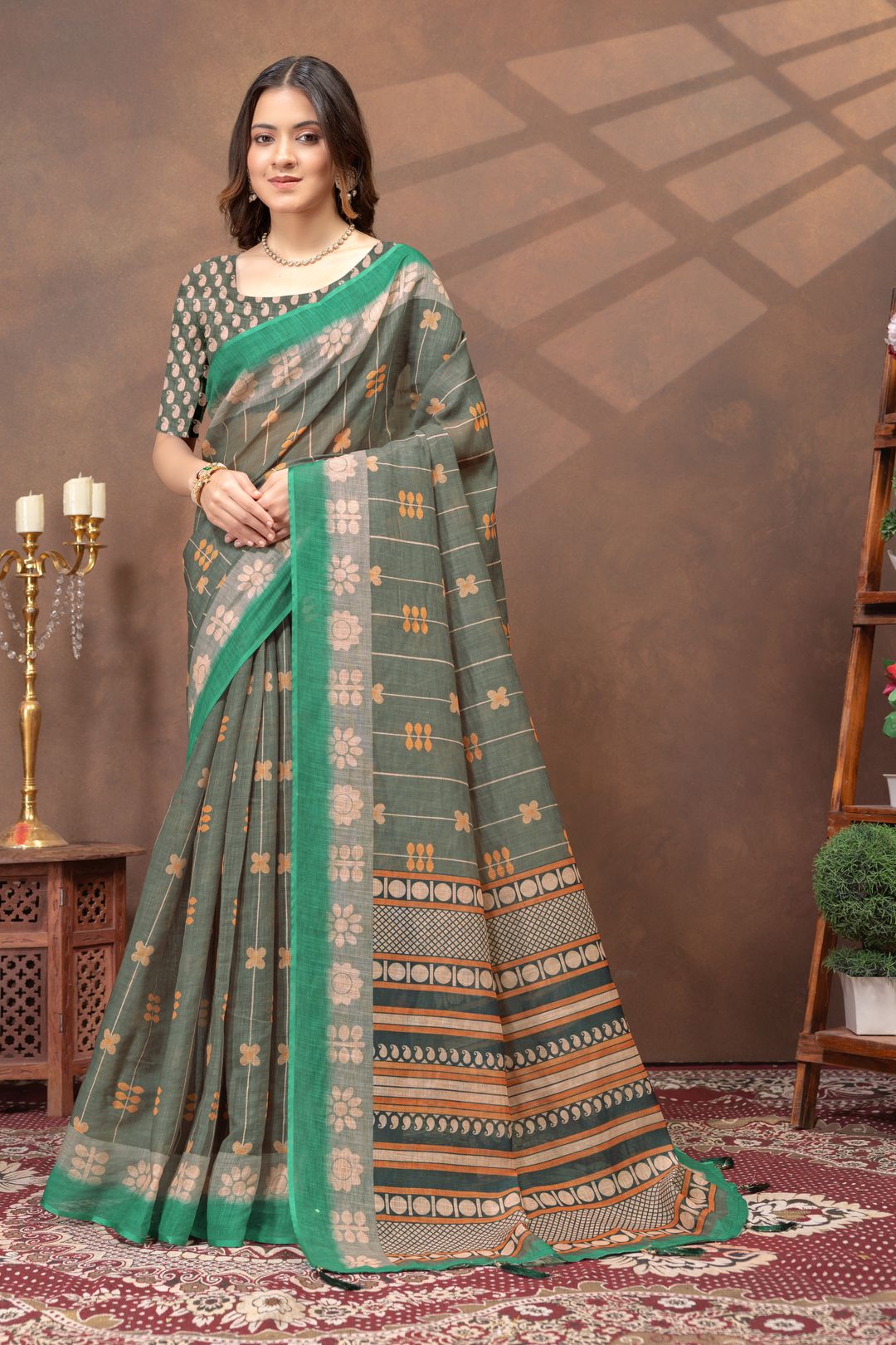 Green Floral Linen Cotton Saree Online | Varnavi Store