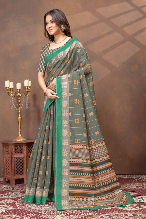 Green Floral Linen Cotton Saree Online | Varnavi Store