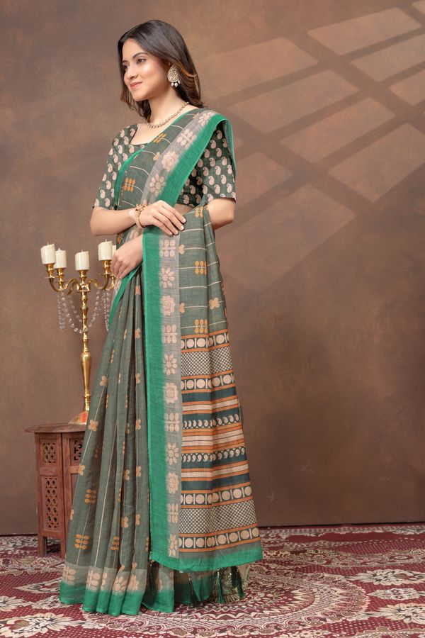 Green Floral Linen Cotton Saree Online | Varnavi Store
