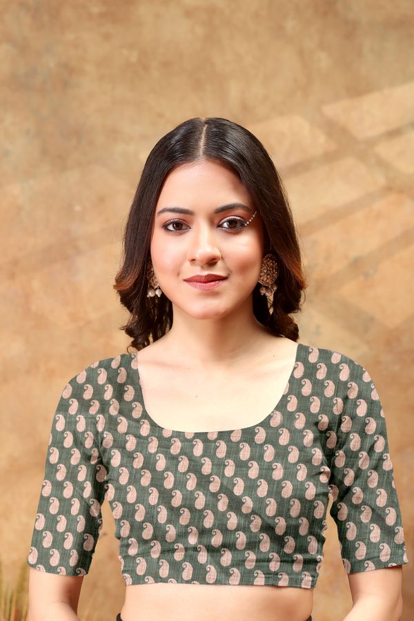 Green Floral Linen Cotton Saree Online | Varnavi Store