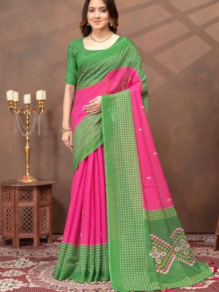 Green Pink Linen Cotton Printed Saree Online | Varnavi