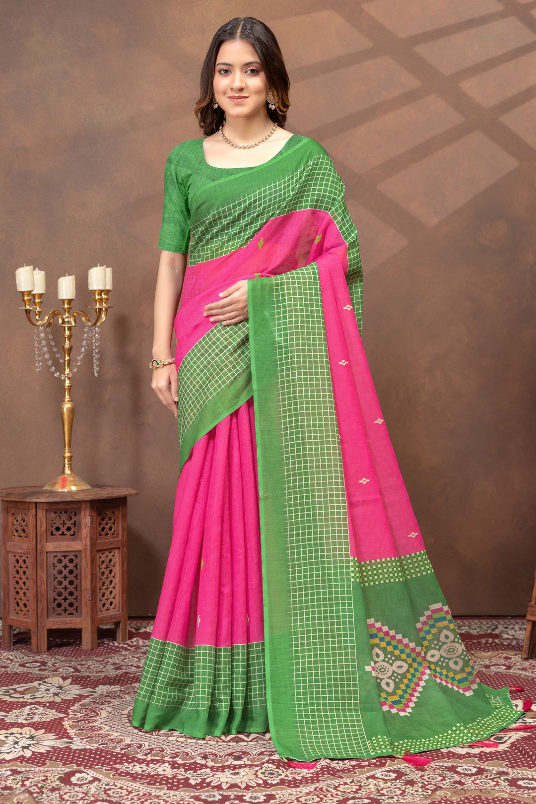 Green Pink Linen Cotton Printed Saree Online | Varnavi
