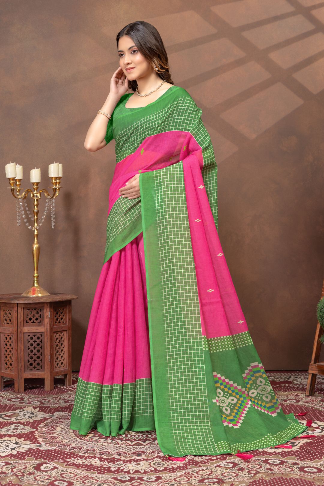 Green Pink Linen Cotton Printed Saree Online | Varnavi