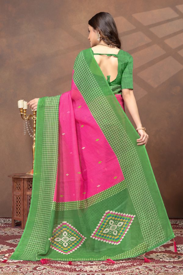 Green Pink Linen Cotton Printed Saree Online | Varnavi