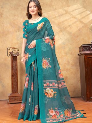 Teal Floral Printed Linen Cotton Saree with Designer Border