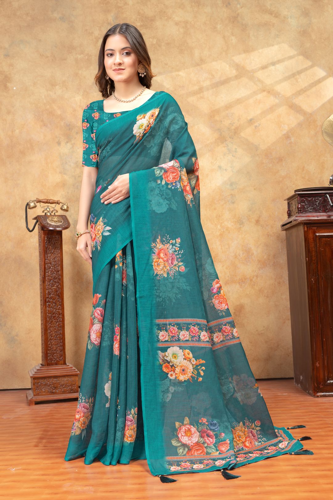 Teal Floral Printed Linen Cotton Saree with Designer Border