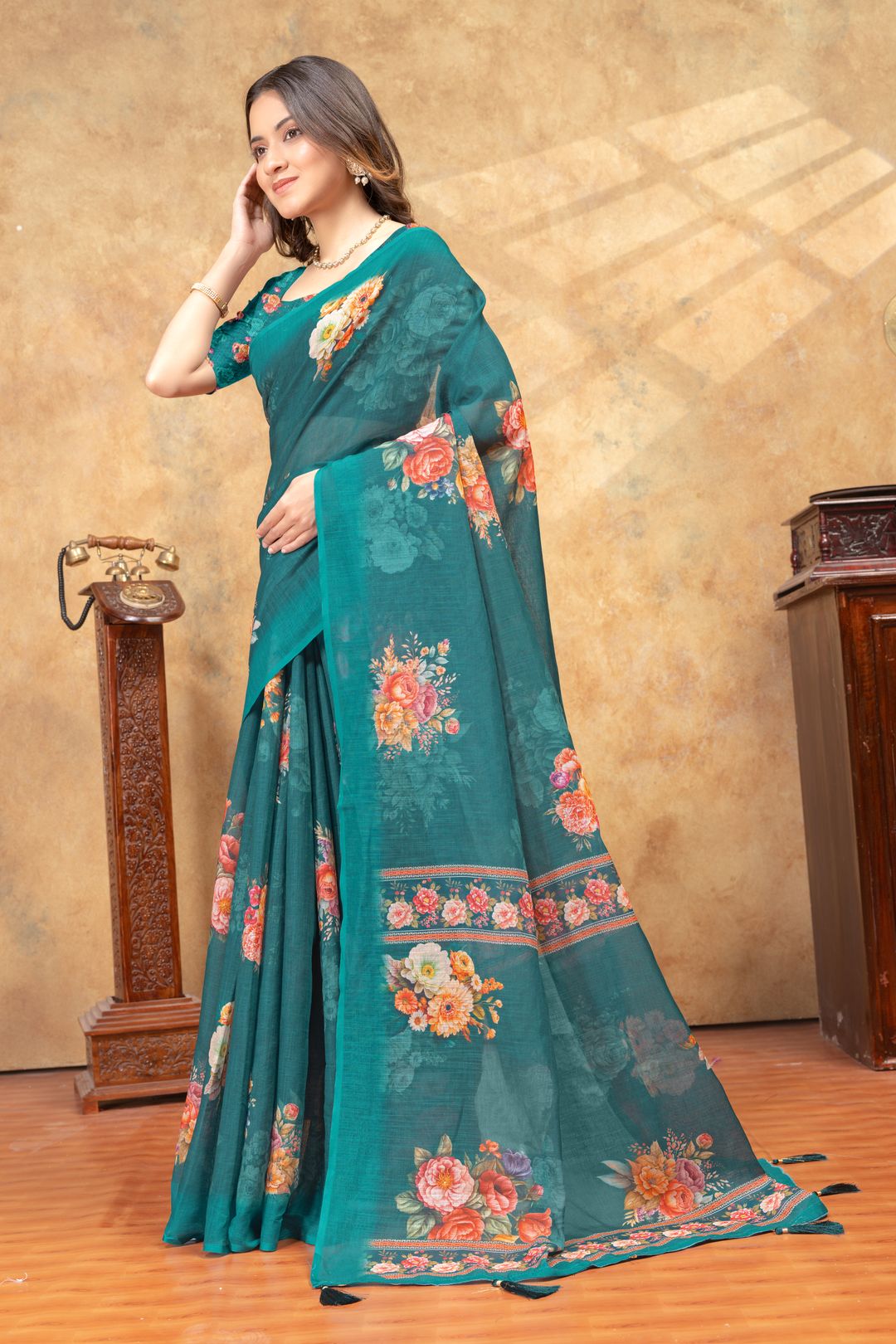 Teal Floral Printed Linen Cotton Saree with Designer Border