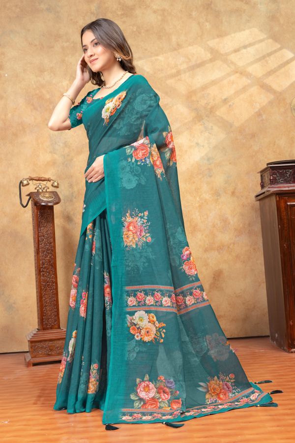 Teal Floral Printed Linen Cotton Saree with Designer Border