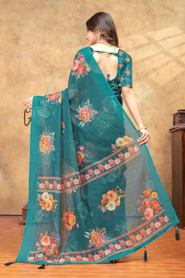 Teal Floral Printed Linen Cotton Saree with Designer Border