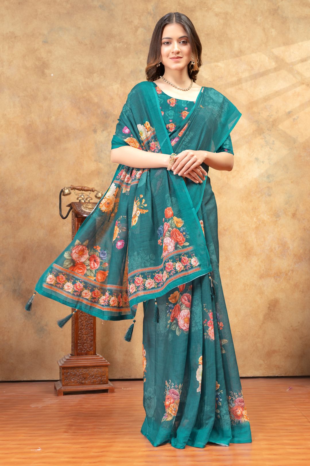 Teal Floral Printed Linen Cotton Saree with Designer Border
