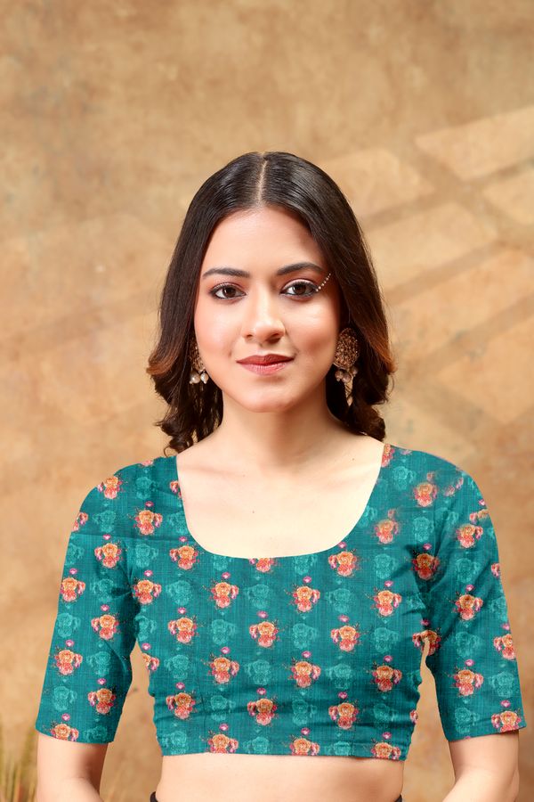 Teal Floral Printed Linen Cotton Saree with Designer Border