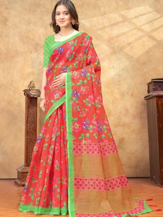 Coral Floral Printed Cotton Saree with Green Border Designs