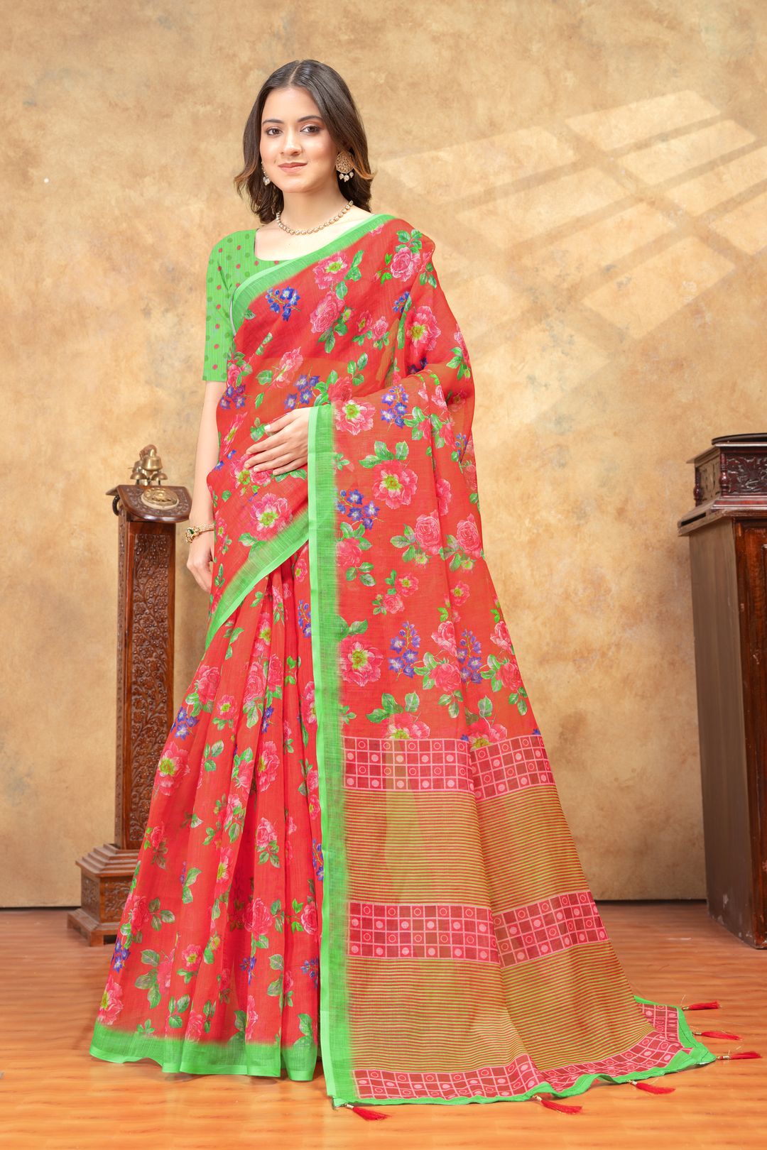 Coral Floral Printed Cotton Saree with Green Border Designs