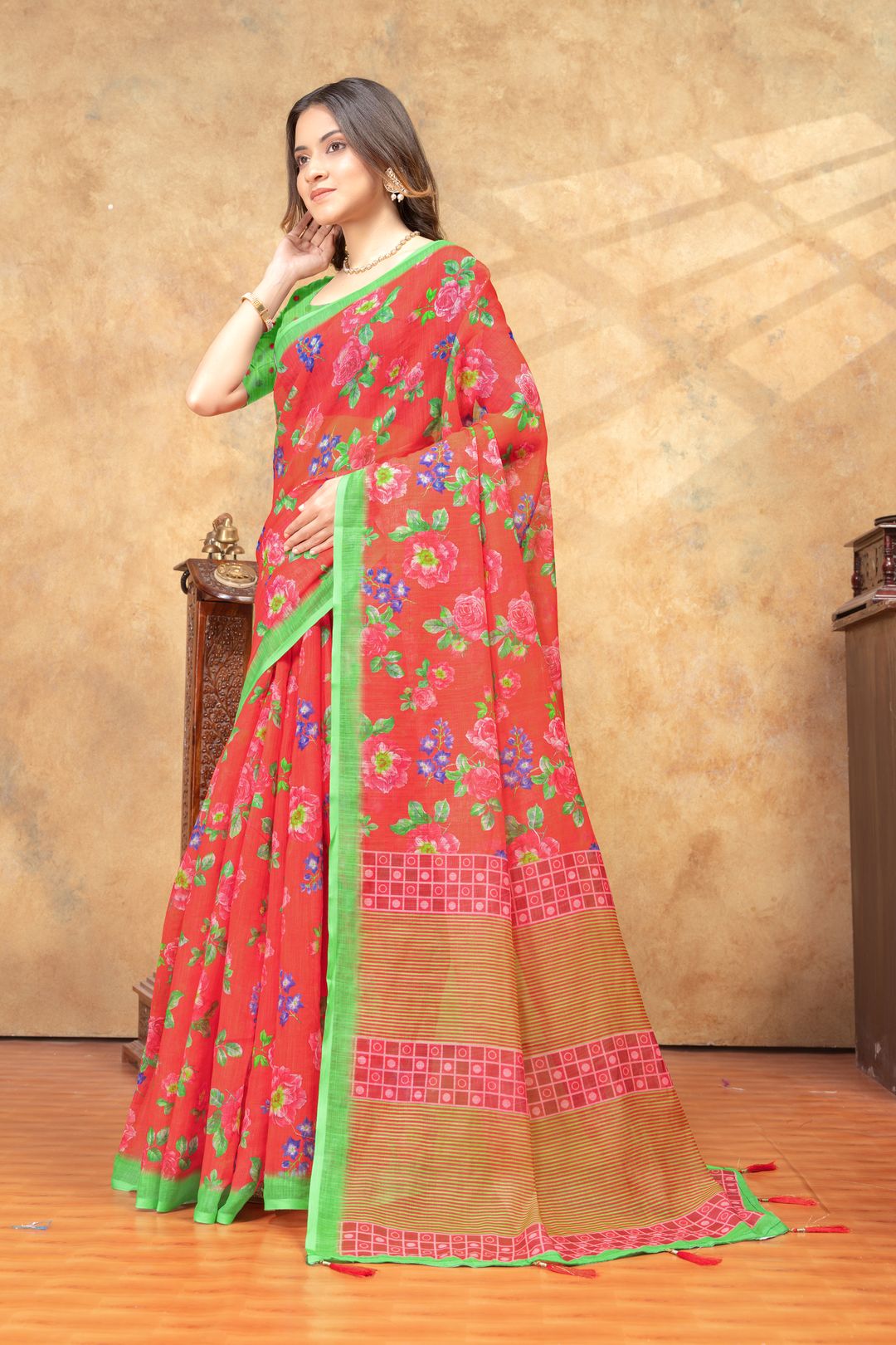 Coral Floral Printed Cotton Saree with Green Border Designs