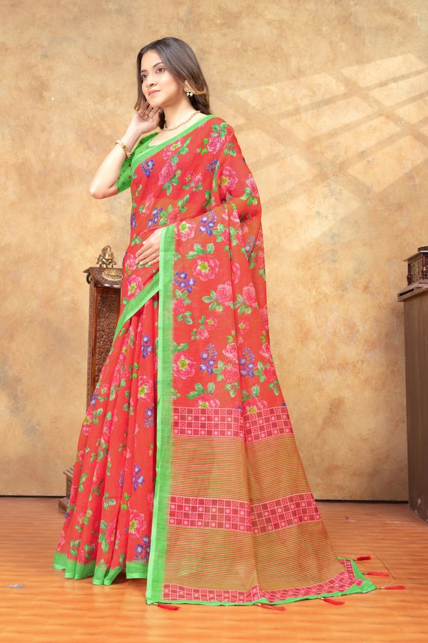 Coral Floral Printed Cotton Saree with Green Border Designs