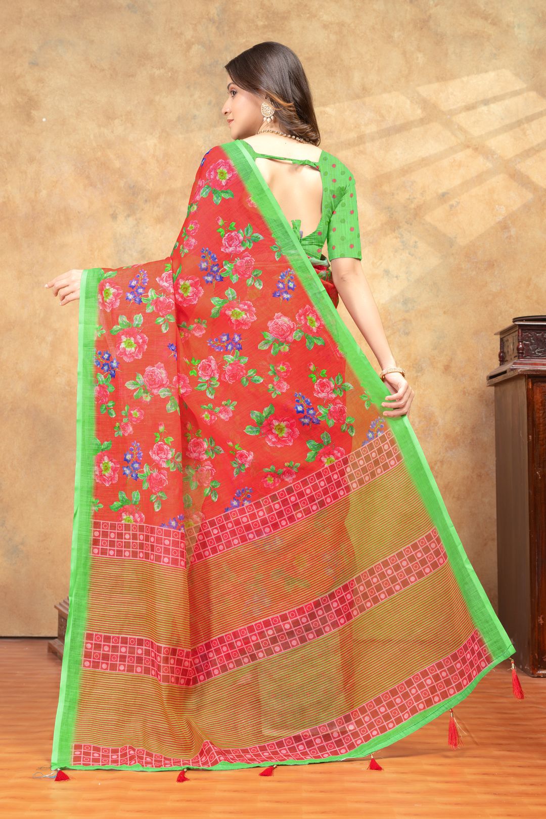 Coral Floral Printed Cotton Saree with Green Border Designs