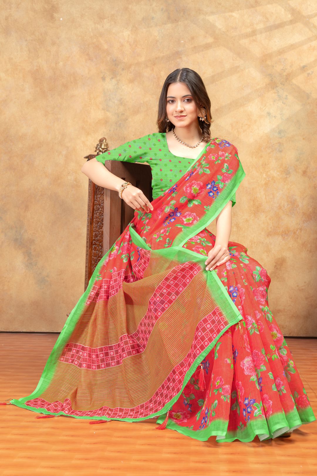 Coral Floral Printed Cotton Saree with Green Border Designs