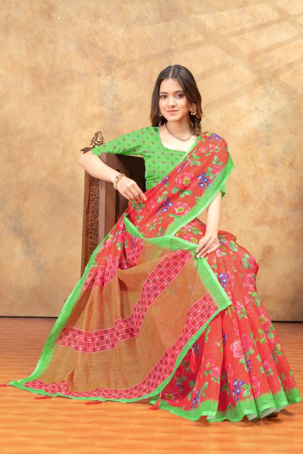 Coral Floral Printed Cotton Saree with Green Border Designs