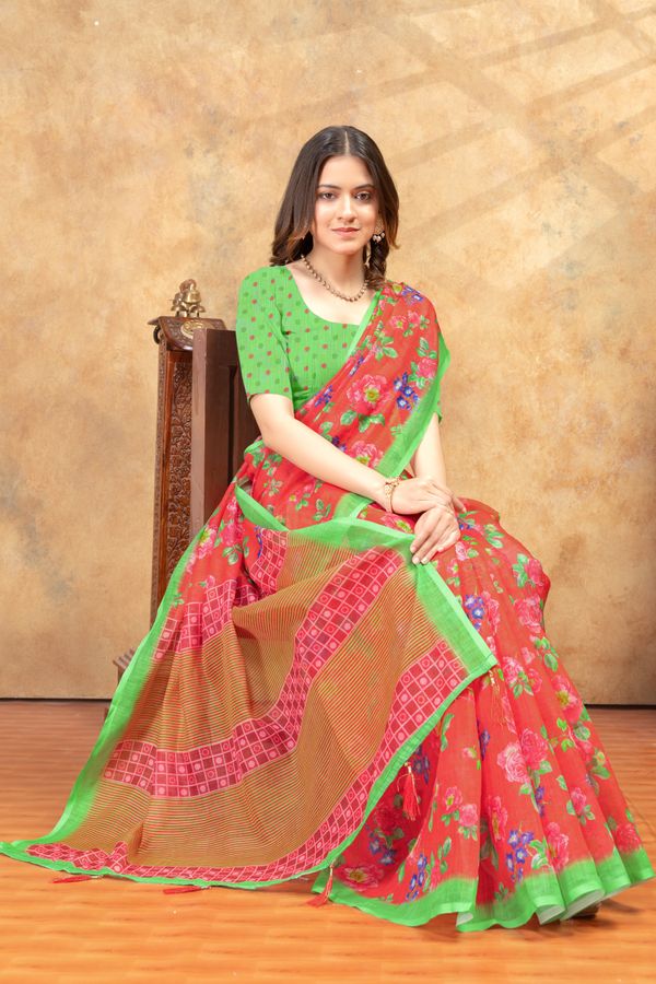 Coral Floral Printed Cotton Saree with Green Border Designs