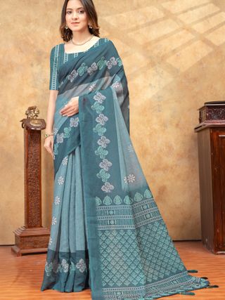 Teal Blue Floral Printed Linen Cotton Saree With Woven Border