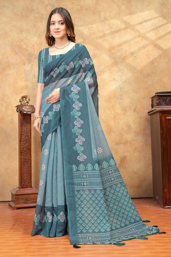 Teal Blue Floral Printed Linen Cotton Saree With Woven Border