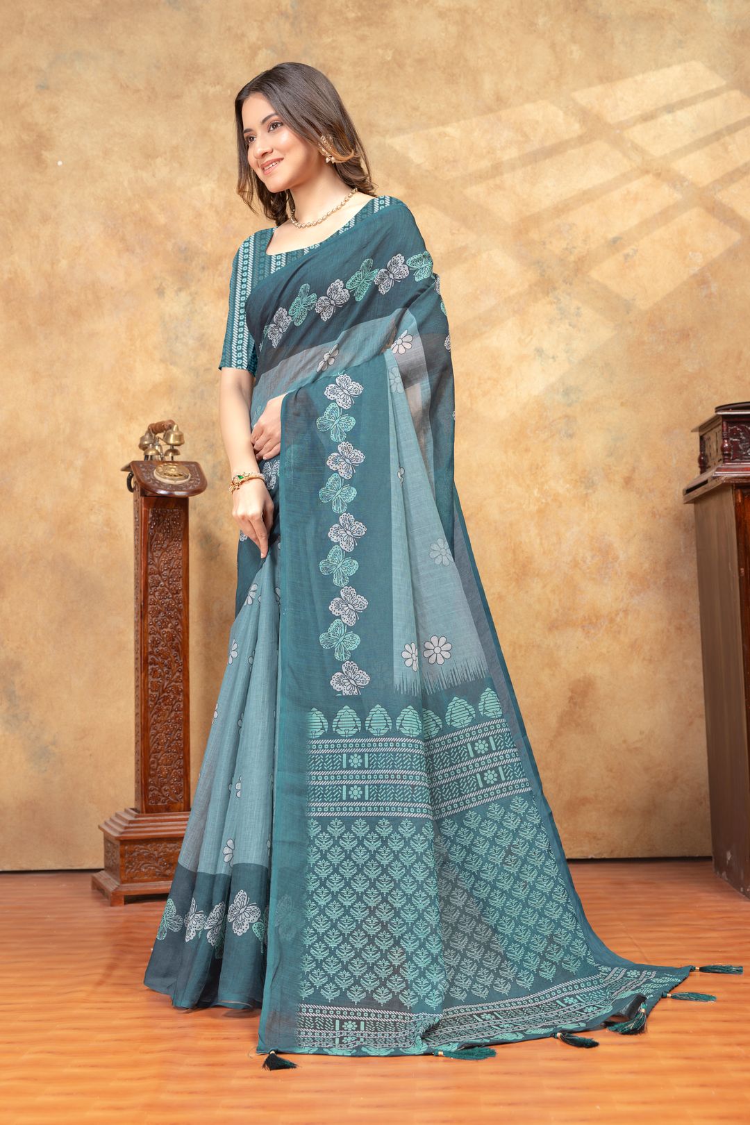 Teal Blue Floral Printed Linen Cotton Saree With Woven Border