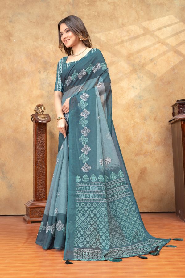Teal Blue Floral Printed Linen Cotton Saree With Woven Border