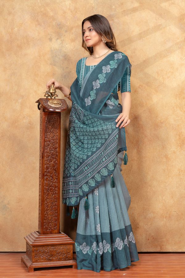 Teal Blue Floral Printed Linen Cotton Saree With Woven Border