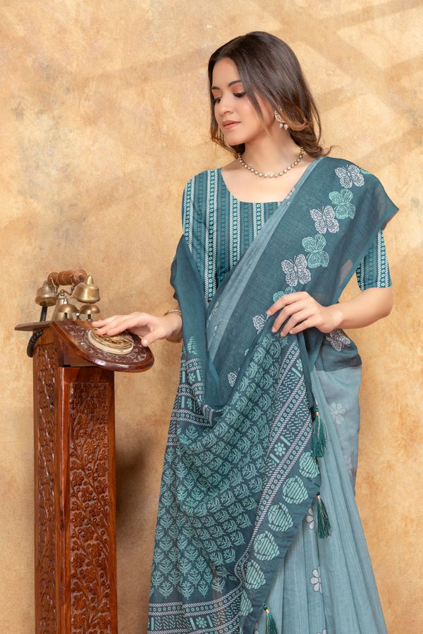 Teal Blue Floral Printed Linen Cotton Saree With Woven Border