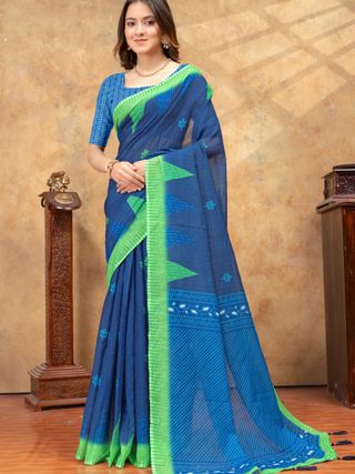 Blue Linen Cotton Printed Saree With Unstitched Blouse