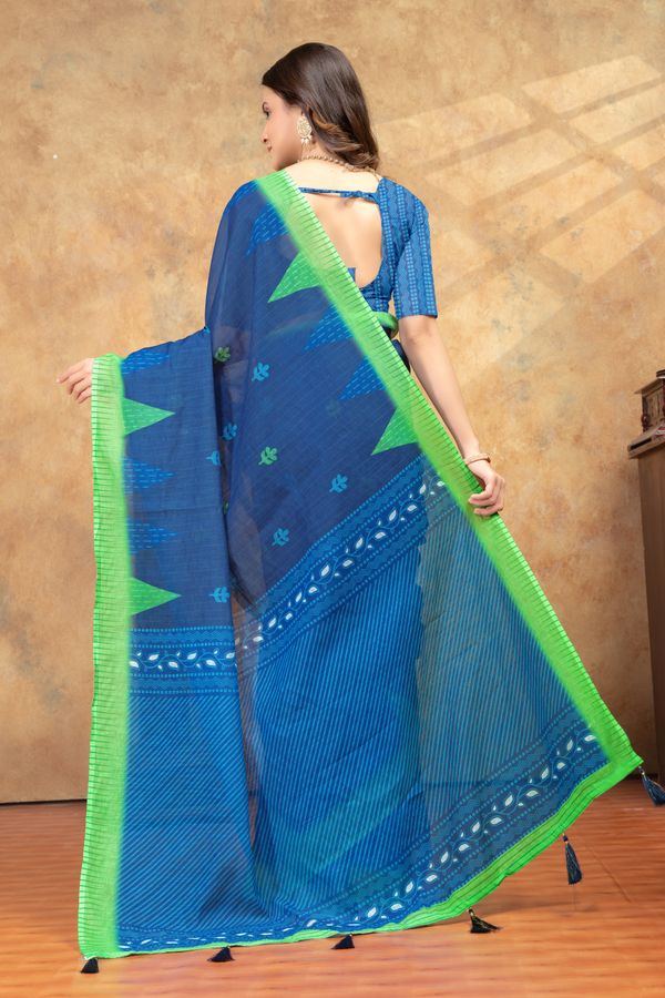 Blue Linen Cotton Printed Saree With Unstitched Blouse