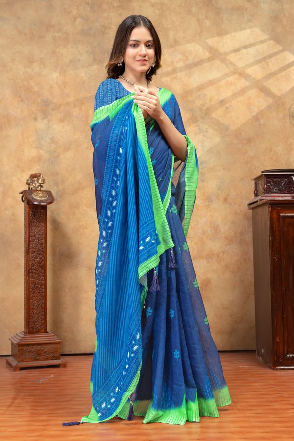 Blue Linen Cotton Printed Saree With Unstitched Blouse