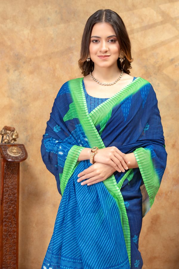Blue Linen Cotton Printed Saree With Unstitched Blouse